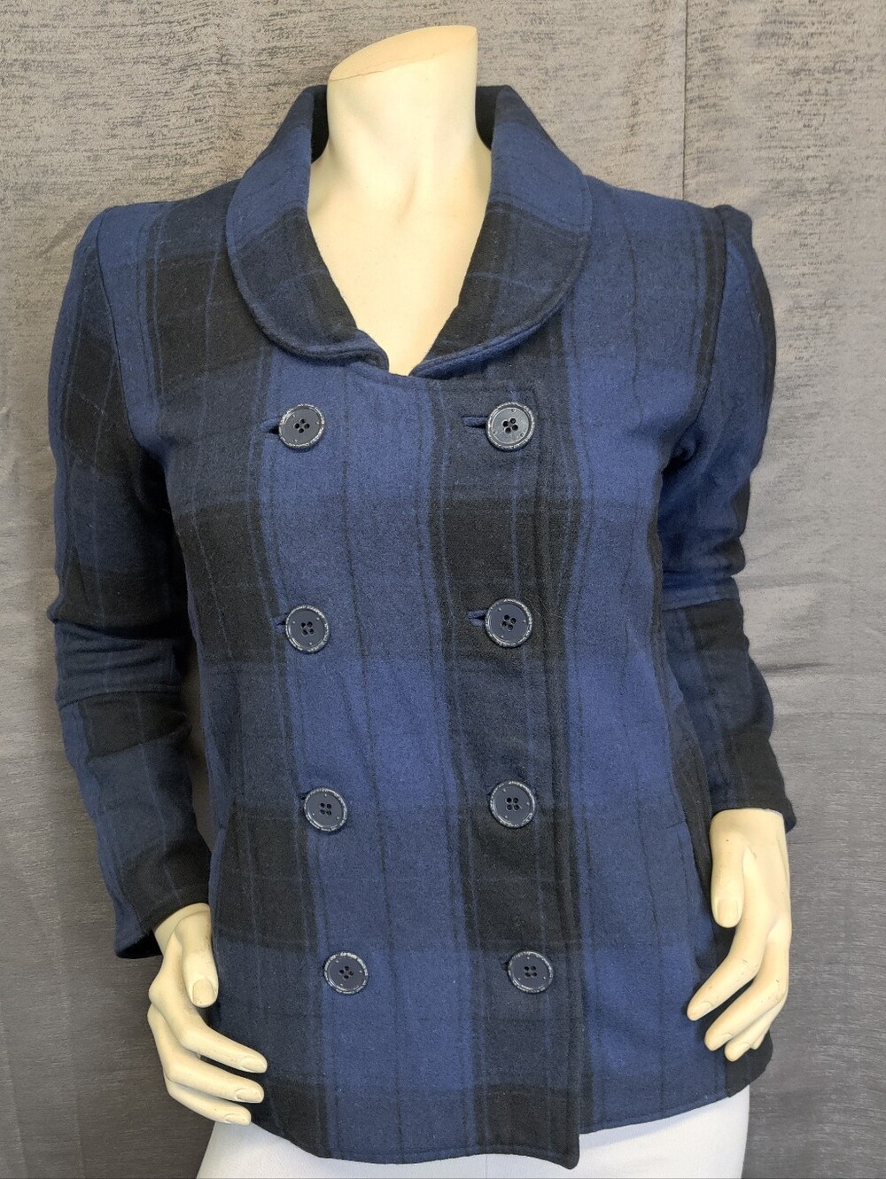 Plaid Wool Peacoat Y2K Skater DC Blue & Black Double Breasted Pleated Jacket S